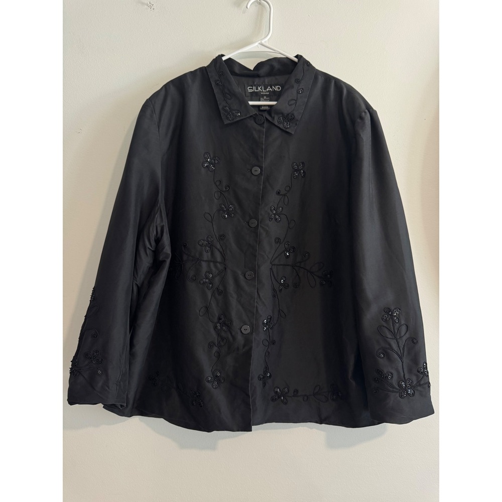 Silkland Silk Embroidered Sequin Jacket Womens 3X Black Floral Evening Coat